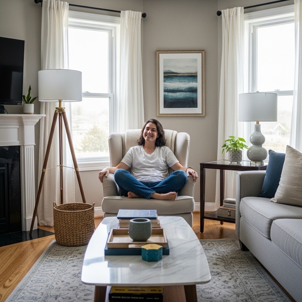 A person sitting relaxed and happy in their beautifully completed living room