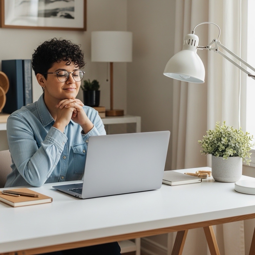 A person sitting calmly at a desk with a laptop, looking confident and relaxed while making design decisions