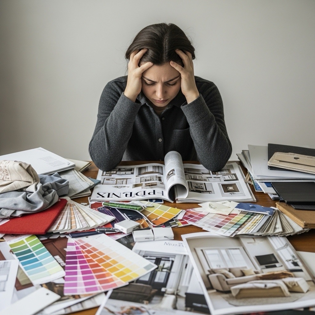 Person looking overwhelmed while surrounded by paint swatches and design magazines