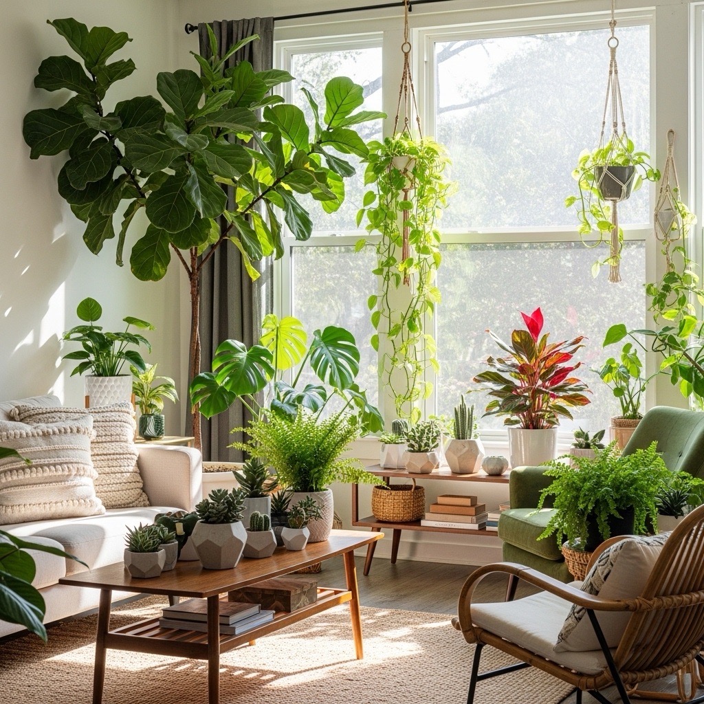 A beautifully styled living room showcasing various indoor plants of different sizes and textures, from large statement fiddle leaf figs to small succulents, all arranged with modern furniture and natural lighting