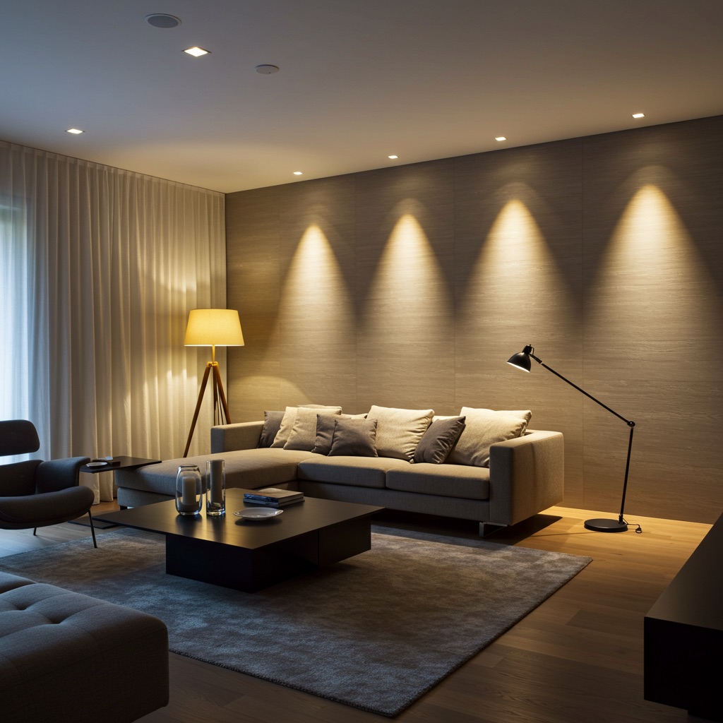 A beautifully lit living room showcasing layered lighting with ambient, task, and accent lights.