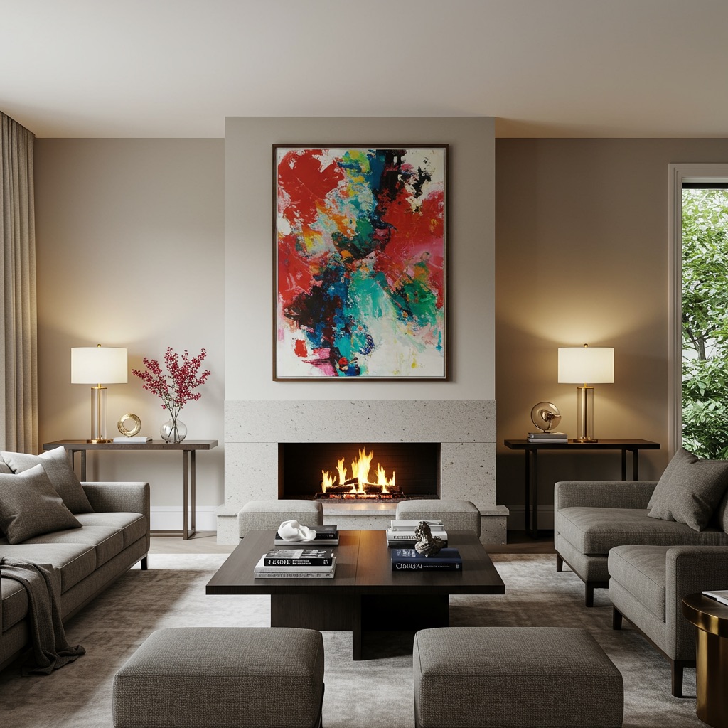 A living room where a stunning modern fireplace with bold, abstract artwork above it serves as a clear and inviting focal point, with furniture arranged to complement it.