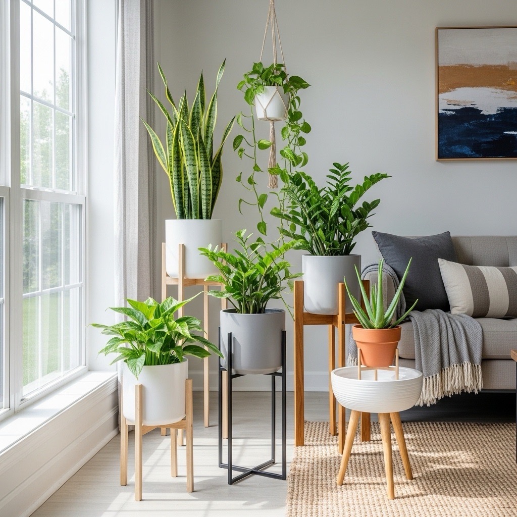 Collection of low-maintenance plants arranged on modern plant stands in a bright living room