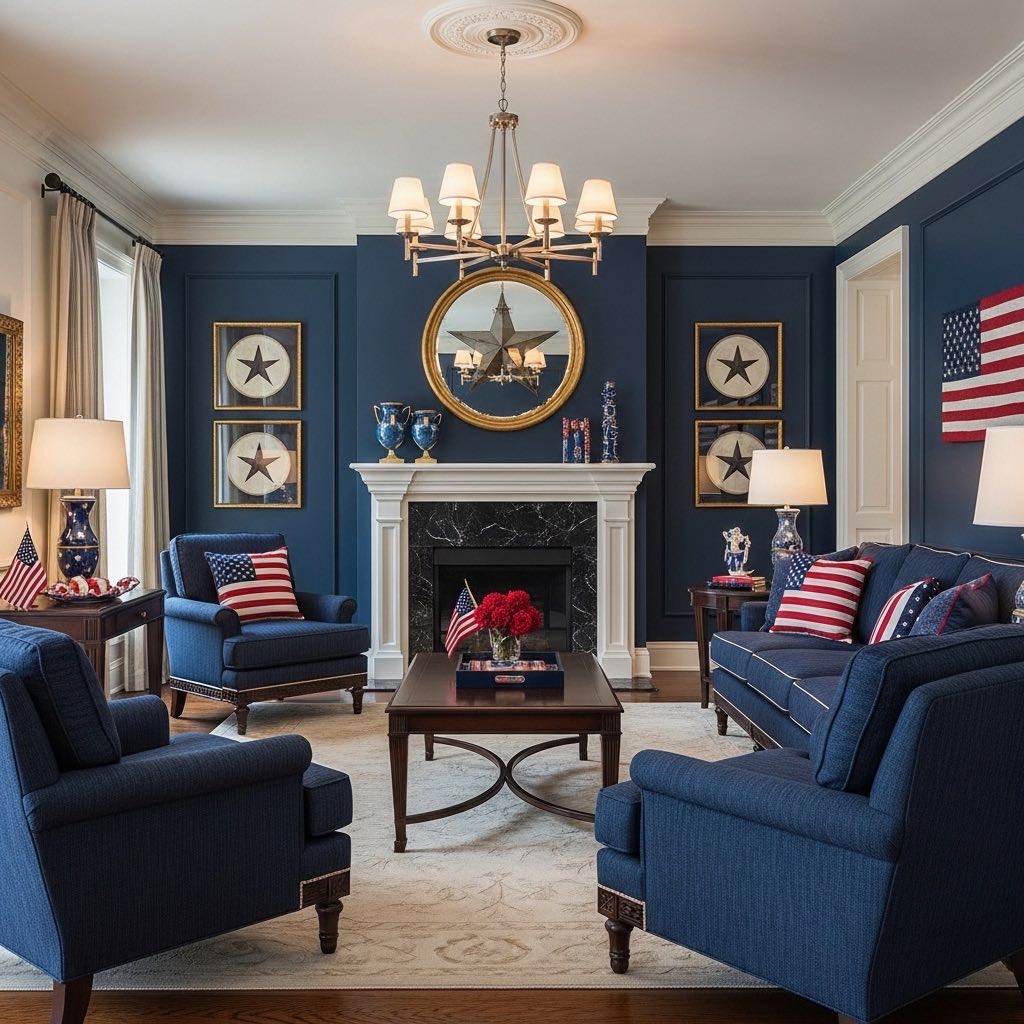Final reveal of perfectly designed patriotic interior combining elegance with American pride