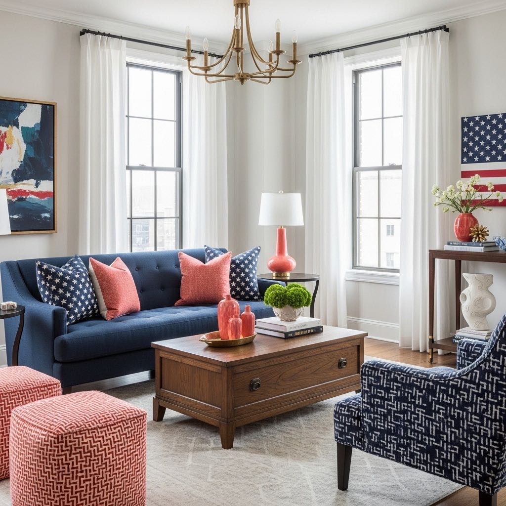 Elegantly designed living room with sophisticated patriotic decor and modern americana styling