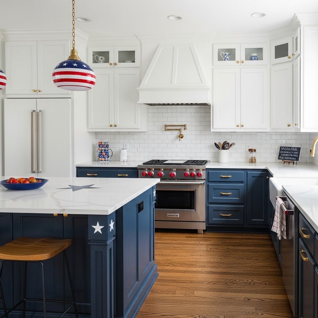 Sophisticated kitchen design with navy cabinets and brass accents in patriotic styling