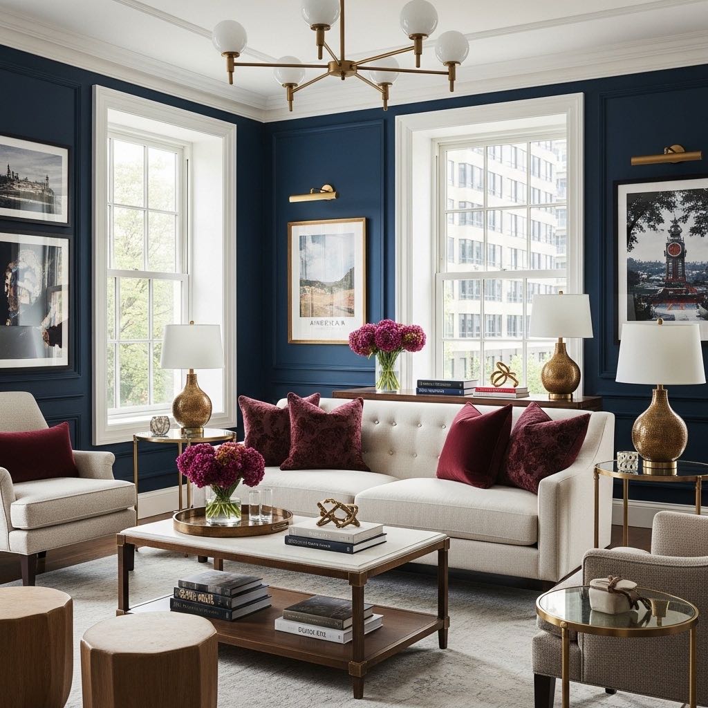Beautiful living room demonstrating sophisticated patriotic design with navy and cream tones
