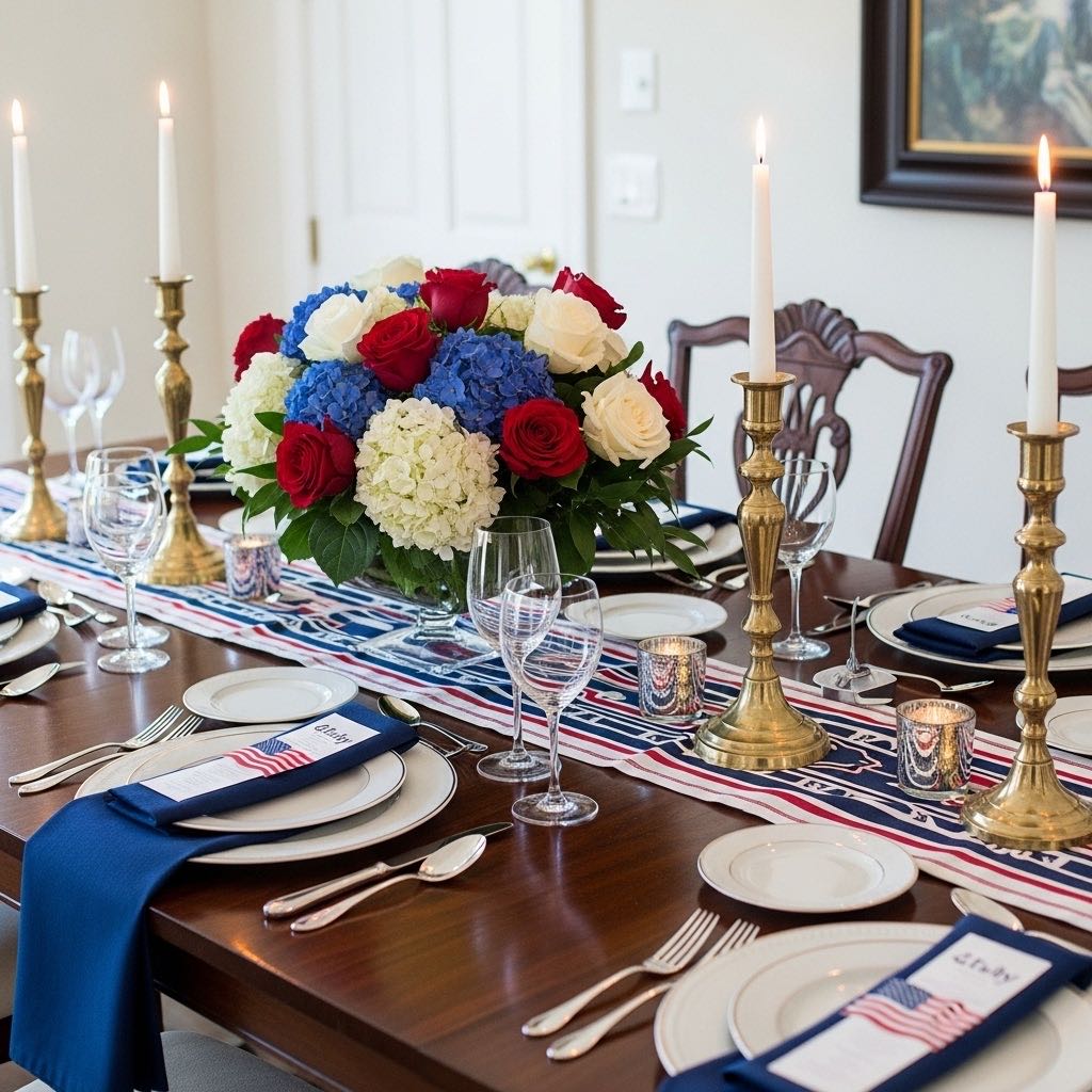 Elegant patriotic table setting with sophisticated styling for 4th of July entertaining