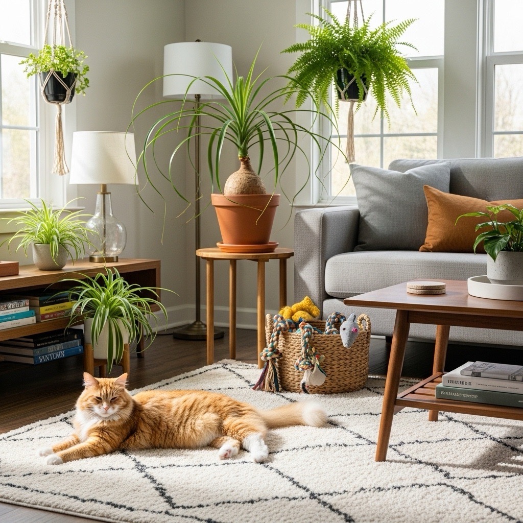 Pet-friendly living room with cat lounging near safe plants like ponytail palm and Boston ferns
