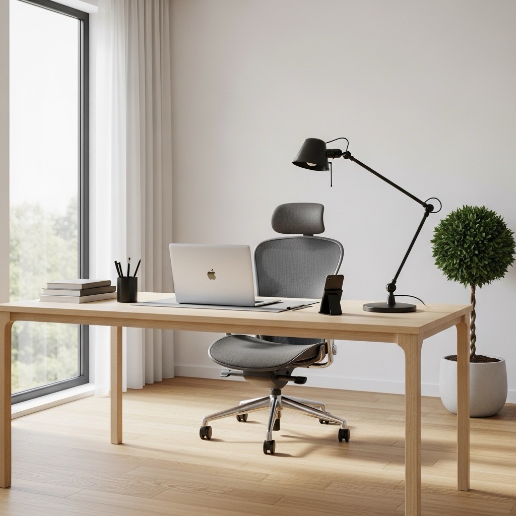 A clean, organized home office with proper lighting, ergonomic seating, and minimal distractions in natural lighting