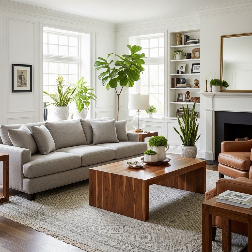 A well-designed living room with quality, durable furniture pieces arranged for both comfort and longevity