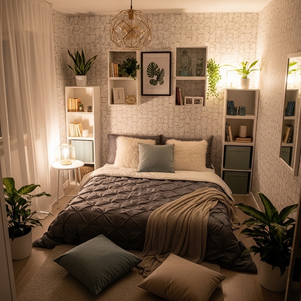 A small, stylish rental bedroom with temporary decor: cozy bedding, removable wallpaper, modular shelving, soft lighting, and potted plants. The room feels inviting and renter-friendly, with no permanent changes.