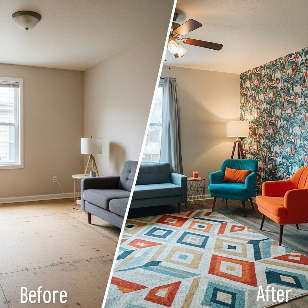 Before and after split image: left side is a bland, empty rental living room; right side is the same room transformed with temporary decor, colorful rugs, and removable wall art.