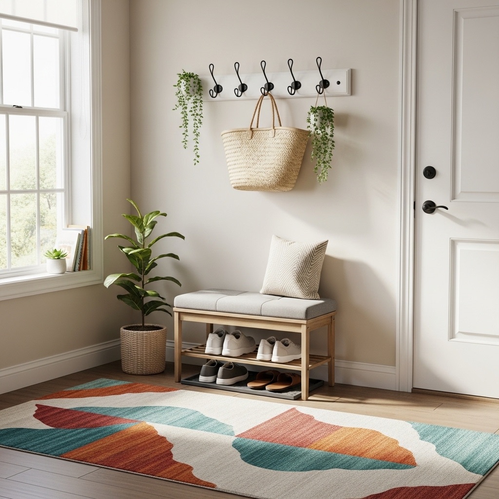 A stylish entryway in a rental apartment featuring a colorful area rug, removable wall hooks, a small bench, and plenty of natural light. The decor is temporary and welcoming.