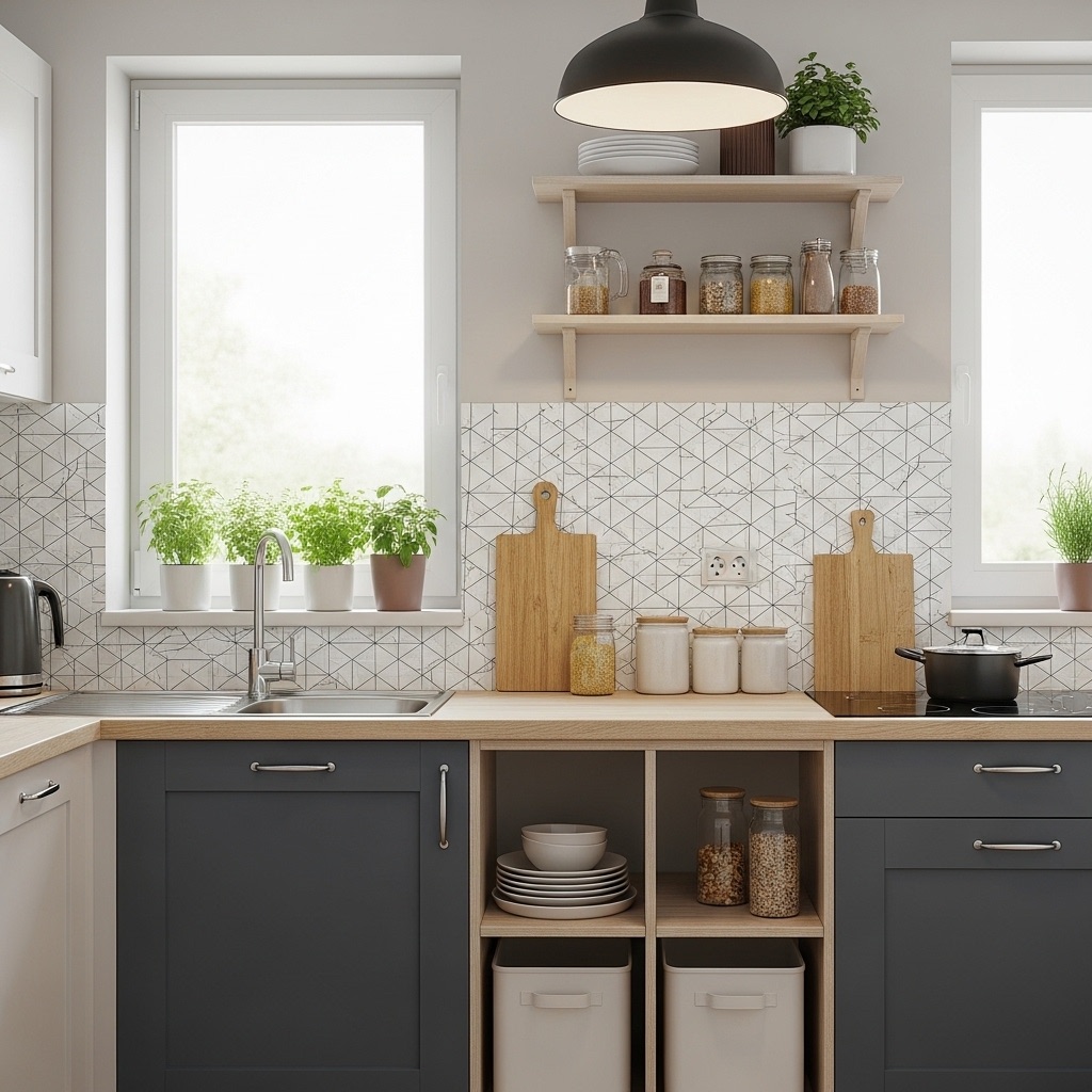 A modern rental kitchen with peel-and-stick backsplash, freestanding storage shelves, and potted herbs on the windowsill. The space is bright, functional, and clearly rental-friendly.