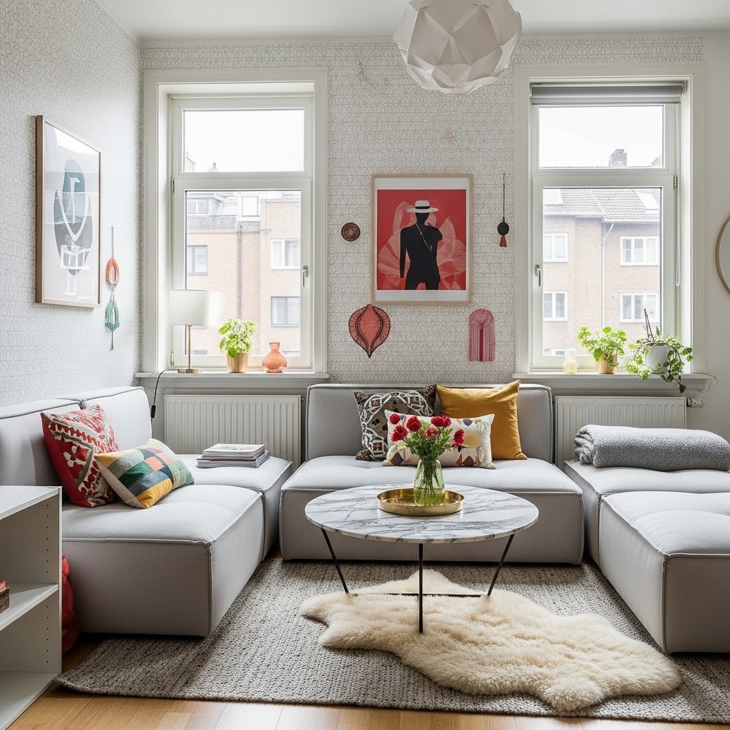 A cozy, modern apartment living room with removable wallpaper, modular furniture, and peel-and-stick decor. Bright, inviting, and clearly rental-friendly—no permanent changes.