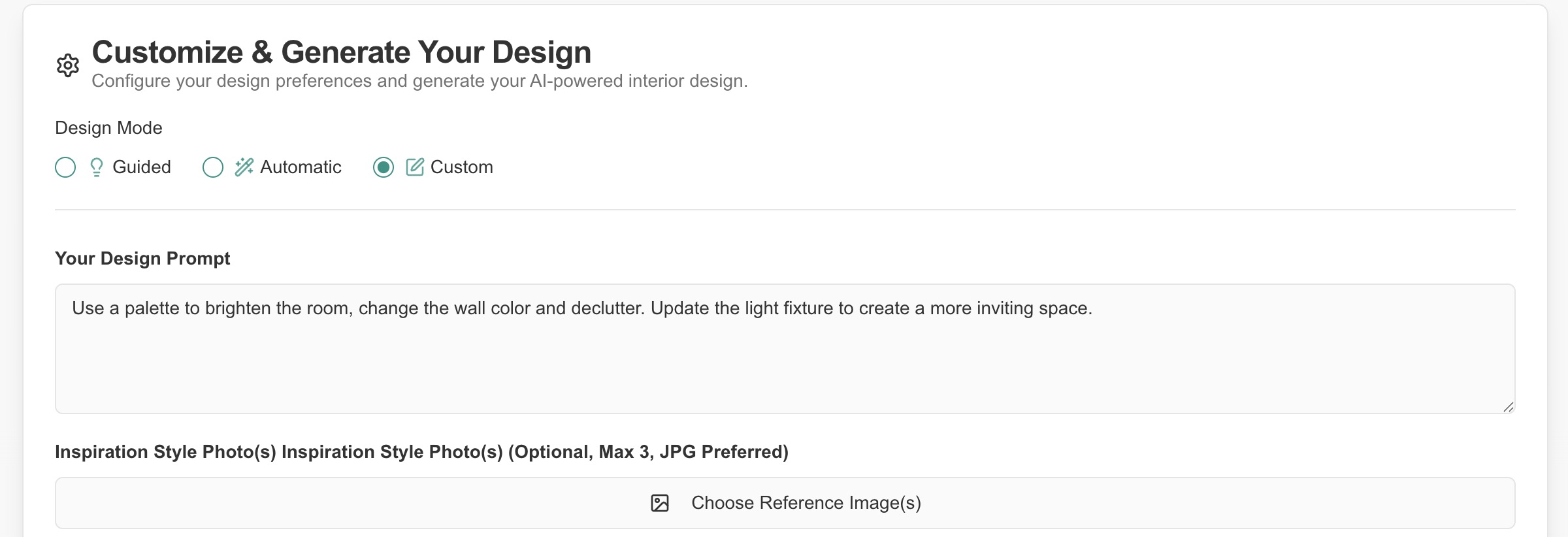 App interface of Custom Mode - e.g., advanced settings, text input for free text, reference image upload option, detailed input fields