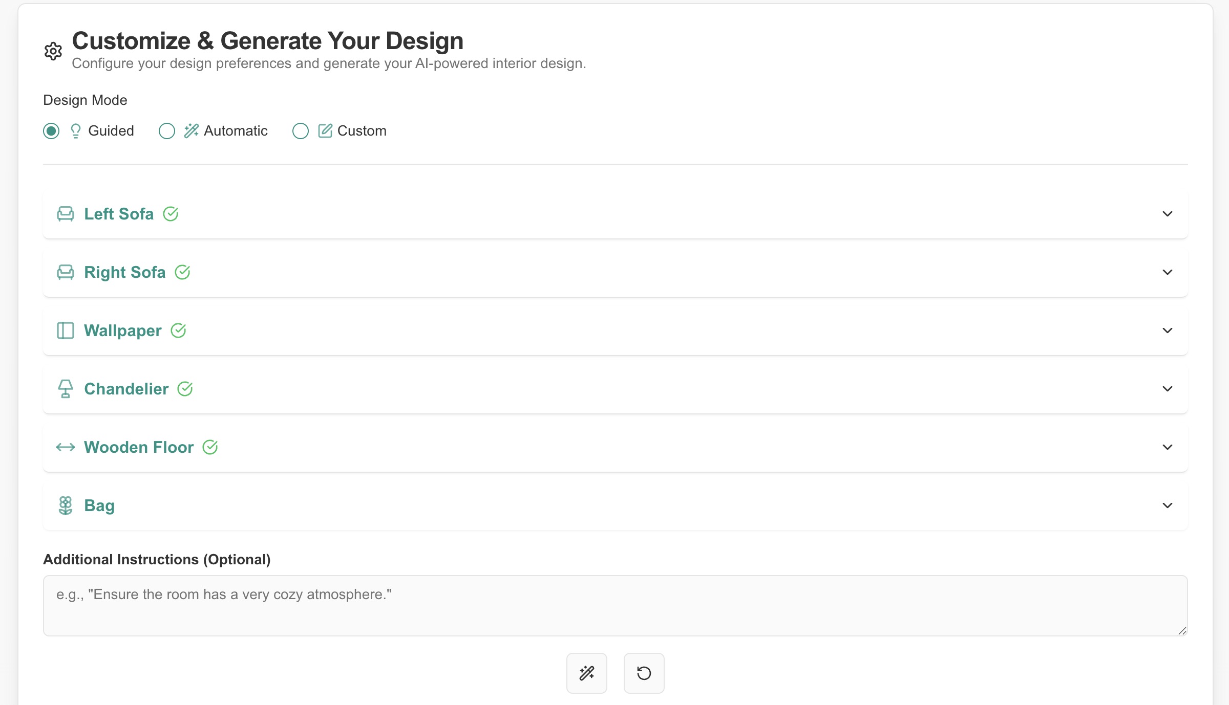 App interface of Guided Mode - e.g., a questionnaire or style quiz