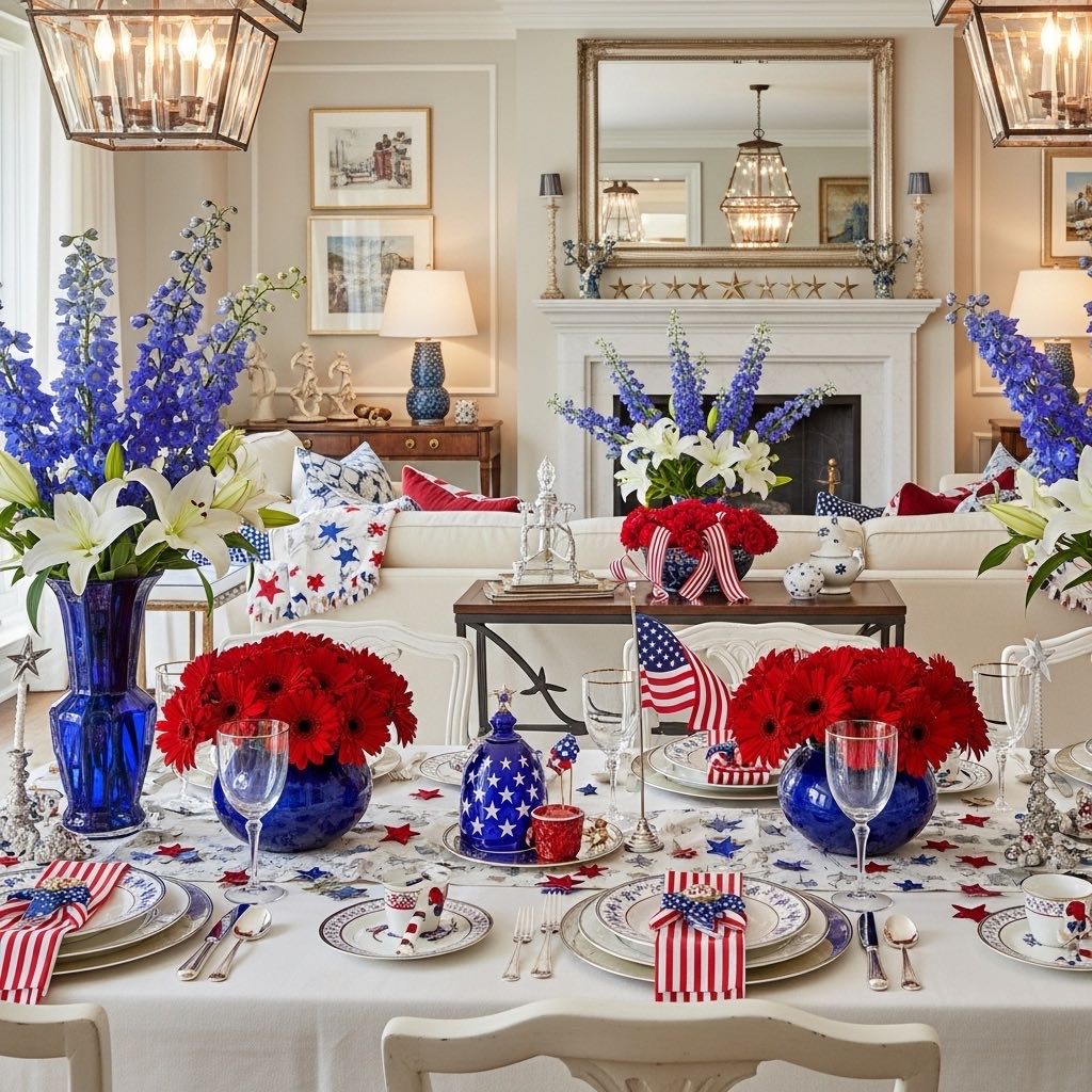 Seasonal patriotic decorating showing summer intensification with flowers and accessories