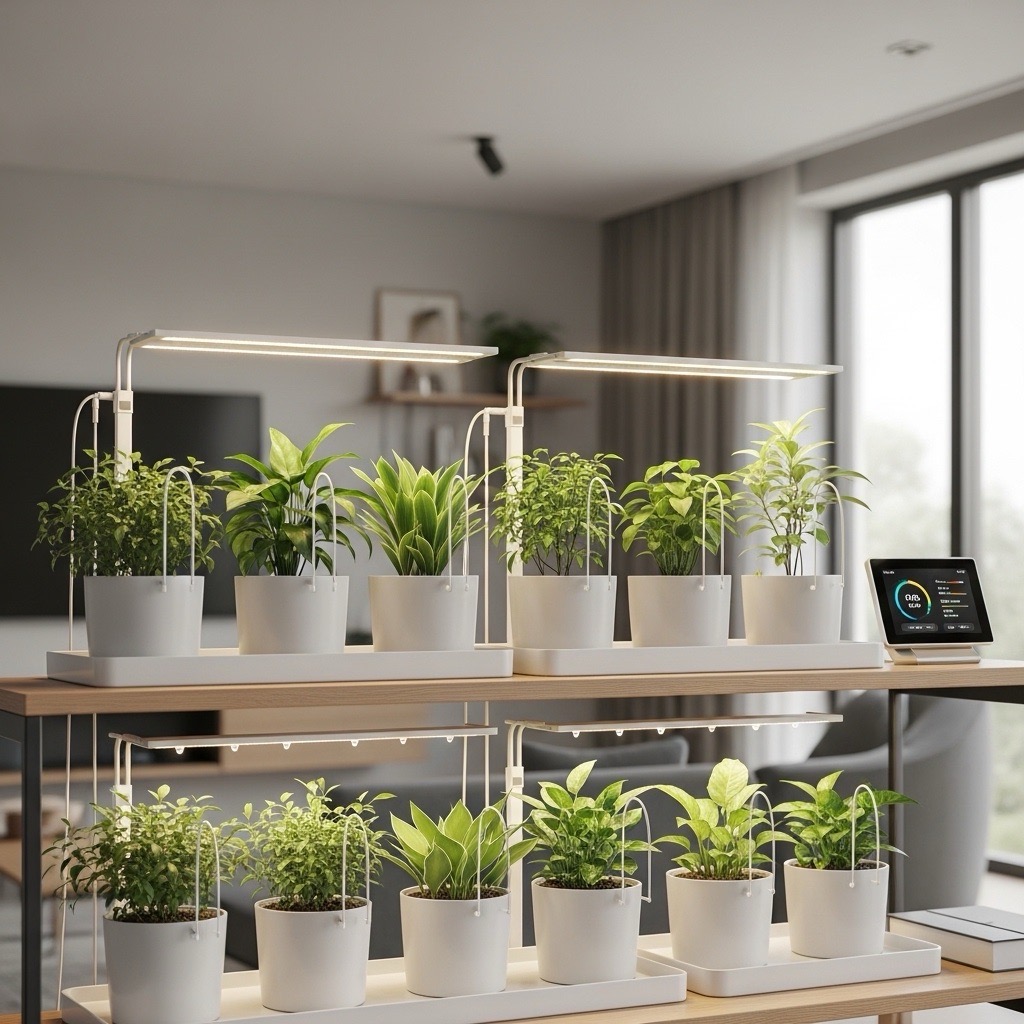 Modern smart plant care setup with automated watering system and growth lights in a contemporary home